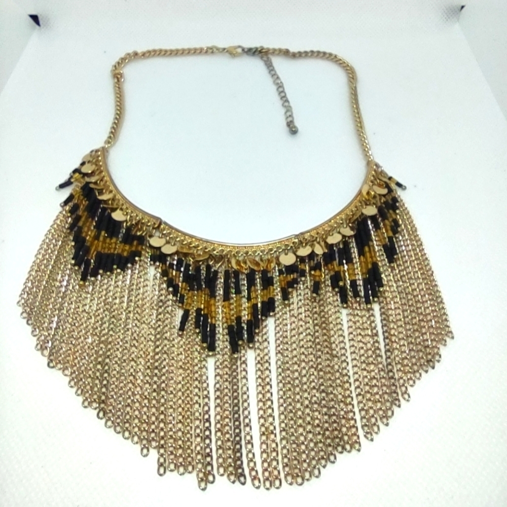 Elegant Gold and Black Fringe Necklace